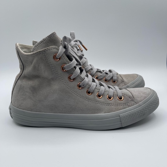 Women’s Size 9 Grey & Rose Gold Suede High Top Converse All Star Trainers - Picture 1 of 7